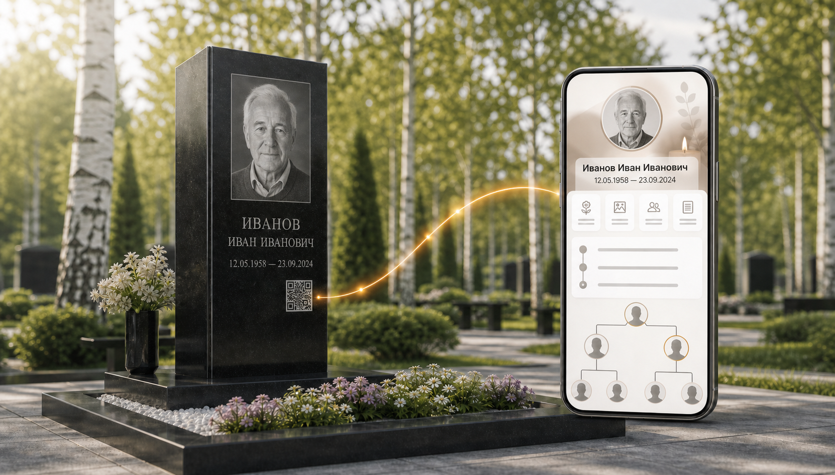 Памятник Иванову Ивану Ивановичу и его цифровая страница в телефоне